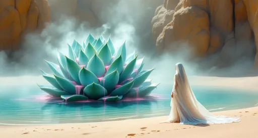 Prompt: Sand dunes . A goddess dressed in flowing white veils stands gracefully gazing at a giant , magical turquoise agave with coiled leaves that grows in a turquoise lake. Mist. A cascade of pink liquid flows down the agave's leaves creating an ethereal atmosphere . Steam rising from the agave . Sandy cliffs. The entire scene is shrouded in mist with clouds drifting gently above the sand .