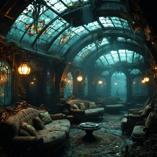 Prompt: An underwater, abandoned and eerie-looking dark hideout with gothic and steampunk-inspired architecture .The room is dimply lit with a bluish-green glow filtering through stained glass windows and a dirty curved glass ceiling with ornate wrought iron frames covered in algae, shellfish and grime . The atmosphere is mysterious with foggy light beams piercing through the air . Ornate , antique lamps shaped like seahorses stand in the foreground covered in rust, marine growth and shellfish . Steampunk sofas and armchairs . Dark-cyan fog .
