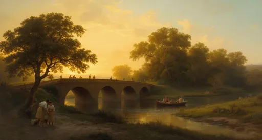 Prompt: A classical landscape scene in the style of the 19th-century realism.
The image portrays a serene and romanticized pastoral landscape at dusk, with the sky glowing in rich golden, orange, and soft blue hues, suggesting the warm light of sunrise or sunset. The composition is well-balanced, with a strong use of perspective drawing the viewer’s eye into the distance.
In the bottom left, two figures — likely peasants — are near a stream or riverbank. One appears to be filling a jug while the other is standing and holding a staff or stick. They are accompanied by a dog, emphasizing a rural, everyday scene. Their clothing is simple, in keeping with a humble, agrarian lifestyle.
A stone bridge with multiple arches spans the river, serving as a central architectural element and visual connector between the two sides of the painting. To the right of the bridge, a small boat with several figures is seen gliding gently across the water. A dense grove of large trees rises above the river on the right-hand side, casting shadows and adding depth to the composition.
On the left side, across the bridge and farther into the landscape, a grand building or palace with classical architecture is nestled amidst trees and rolling hills. The presence of this building suggests nobility or ancient civilization. The distant mountains or hills are softly bathed in warm light, enhancing the idyllic and timeless atmosphere of the scene.
The scene is executed in a highly detailed and idealized manner, with careful attention to light, nature, and harmony — characteristic of the classical landscape tradition. It likely aims to evoke a sense of peace, nostalgia, and the sublime beauty of nature.