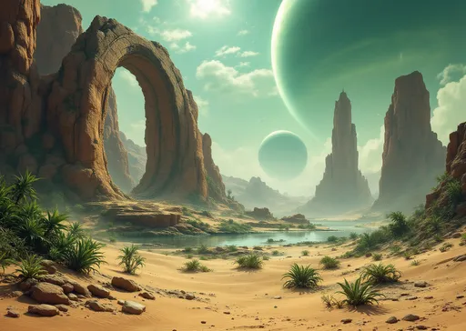 Prompt: A vast desert of sand dunes . Scattered , solitary , twisted , strange, tall, arched,  brown , portal rocks . A lake. Lush extraterrestrial, carnivorous and monstruous plants.  A giant ruined, alien, derelict temple. A giant, ringed, gaseous, green planet with huge satellites barely visible in the misty blue sky. Mist. Sunlight.