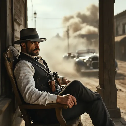 Prompt: In a small town of the Wild West a gangster leans back on a wooden chair balancing only on its two rear legs . He wears a black vest , a white pinstriped shirt and a gray fedora hat with a black band . Two gun holsters hang around his neck resting on his chest . One foot is propped up against a wooden pillar of the veranda where he sits . His gaze is fixed on a 1930's convertible car speeding toward him from his right on the dusty road of the town kicking up a thick cloud of dust . The atmosphere is hazy abd filled with dust evoking a tense , cinematic moment . Sunlight 