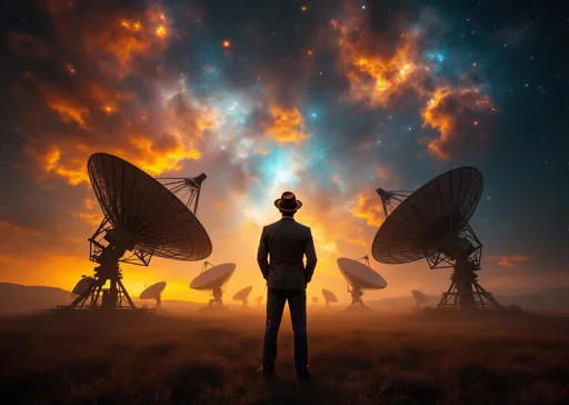 Prompt: A man dressed in a 1950's fashion in a polyester suit and a hat standing at night in an open field surrounded by an array of massive satellite dishes . Mist. He is looking up towards the sky full of vibrant nebulas with deep space colors including fiery oranges , blues and cosmic dust and stars . 