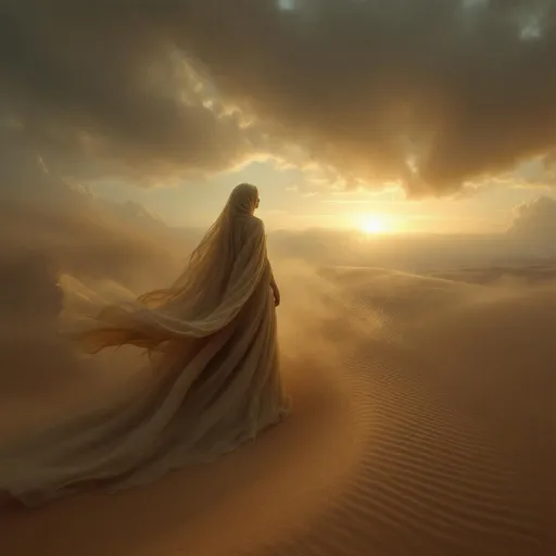 Prompt: The goddess of the dunes dressed in flowing veils in the color of sand gradually disintegrates into sand carried away by the wind across the dunes-ethereal, mystical and windswept atmosphere , surrealism, intricate fabric details , drifting particles dissolving into the air.  The most striking element is the sky . Thick, billowing clouds stretch across the sky, heavy and textured with tones of grey, brown, and hints of blue. These clouds seem to part just enough to reveal a glowing band of soft, golden-yellow light near the horizon, suggesting either a sunrise or a sunset. This light gently spills across the landscape, casting a muted radiance that enhances the depth and mystery of the scene. The style of 19th-century realism.
