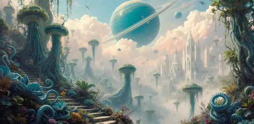 Prompt: A painting in the style of 19th-century realism.  A fantastical aquatic garden filled with bizarre, exotic, aquatic plants featuring large blue curling leaves and tightly coiled tendrils and branches. Strange and bizarre extraterrestrial marine creatures drift through the air as if weightless their forms surreal and organic with coiled tentacles and long flowing tendrils hanging downward. The grand staircase of an alien white palace with flowing organic forms. Far away in the distance obscured by mist rise alien, organic bizarre white buildings. A giant, ringed, green gaseous planet with satellites in the sky partially obscured by atmospheric haze. Mist. Puffy pink clouds. Sunlight.