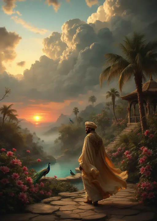 Prompt: A man dressed in a sumptuous caliph costume wearing an ornate turban and a flowing cloak walking beside his loyal servant in an enchanted lush garden with tropical plants and palms. Pink lilies . Mist. An Arabian gazebo. Peacocks . Lyre birds perched on branches . A turquoise pond with pink lilies . Blood-red sunset. The most striking element is the sky . Thick, billowing clouds stretch across the sky, heavy and textured with tones of grey, brown, and hints of blue. These clouds seem to part just enough to reveal a glowing band of soft, golden-yellow light near the horizon, suggesting either a sunrise or a sunset. This light gently spills across the landscape, casting a muted radiance that enhances the depth and mystery of the scene. The style of 19th-century realism .
