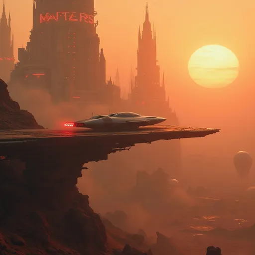 Prompt: A breathtaking Martian landscape featuring a futuristic colony . A Martian city with sci-fi buildings glowing with neon advertisements . In the foreground , on a height , a sleek sci-fi spacecraft is landing on a platform its wings folded , jet thrusters rising dust clouds . Red beacons . Sunset . Mist.