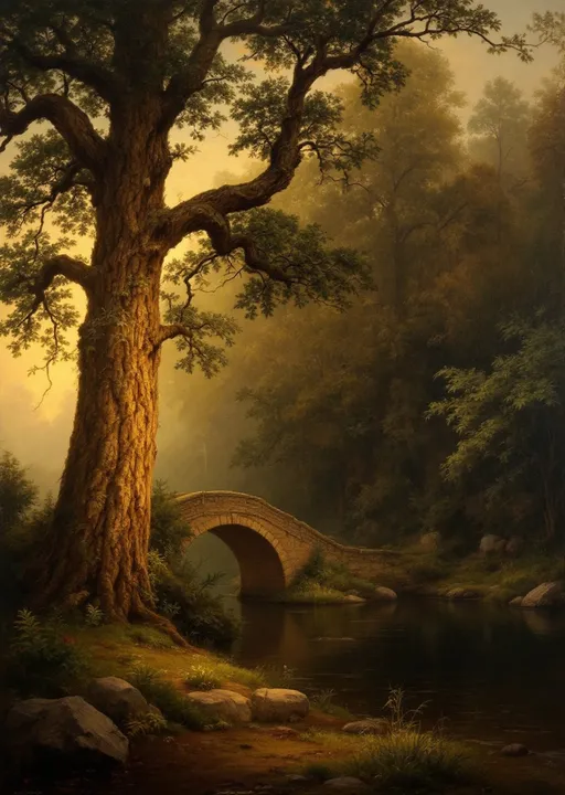 Prompt: A romantic and serene landscape painting in the style of the 19th century realism, showcasing a tranquil forest scene at either dawn or dusk. 
The scene depicts a dense, peaceful forest bathed in a warm, golden light that suggests either sunrise or sunset. The overall atmosphere is calm and dreamlike, with a strong emphasis on natural beauty and harmony.

In the foreground, a large, robust tree with a thick trunk stands prominently on the left side, its branches extending across the top portion of the painting. The bark is richly textured, and the tree is surrounded by a variety of lush undergrowth—bushes, ferns, and grasses—adding depth and detail to the forest floor. A few rocks are also visible at the base of the tree, reinforcing the natural setting.

The middle ground features a calm, reflective body of water—likely a river or stream—that captures the warm light of the sky. Spanning this water is an old stone bridge with a single, large arch. The bridge is partially obscured by the trees and appears to be gently illuminated by the golden light filtering through the forest canopy. The soft, diffuse light creates a hazy, almost ethereal effect.

The background is filled with tall, slender trees, their leaves tinged with shades of gold, amber, and green, indicating a season of early autumn. The light beams shining through the foliage give the entire scene a glowing aura, enhancing the sense of depth and tranquility.

The composition and lighting create a sublime balance between shadow and illumination, emphasizing the beauty of untouched nature and inviting the viewer to contemplate the peaceful silence of the forest.