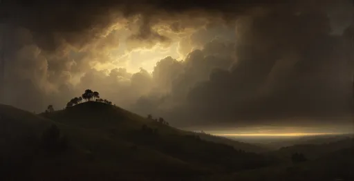 Prompt: A dramatic and evocative landscape, likely from the Romantic period, characterized by its atmospheric sky and deep connection to nature in the style of 19th-century realism.
The scene captures a moody, twilight moment in a hilly, forested landscape. The most striking element is the sky, which dominates the upper half of the composition. Thick, billowing clouds stretch across the sky, heavy and textured with tones of grey, brown, and hints of blue. These clouds seem to part just enough to reveal a glowing band of soft, golden-yellow light near the horizon, suggesting either a sunrise or a sunset. This light gently spills across the landscape, casting a muted radiance that enhances the depth and mystery of the scene.

Below the sky, undulating hills and dense clusters of trees roll into the distance. The central hill, slightly elevated and crowned with a sparse group of silhouetted trees, stands out against the illuminated horizon, drawing the viewer's eye. The layering of the hills creates a strong sense of perspective and distance, enhanced by the subtle gradation in light and shadow.

The lower foreground features a mixture of shrubs, bushes, and uneven terrain, leading the viewer into the composition. To the left, dark, leafy trees rise high and cast shadows over a quiet body of water - a slow-moving river—that reflects the dim light of the sky. This water body adds serenity to the otherwise brooding atmosphere.

The overall tone of the painting is contemplative and solemn, with a quiet, natural majesty. The absence of human figures reinforces the wild, untouched feel of the setting, and the interplay of dark foliage and golden light creates a poetic contrast that is both powerful and calming.



