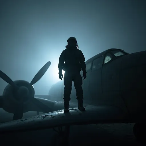 Prompt: The silhouette of a jet fighter pilot wearing a helmet , oxygen mask and G-suit standing on the wing of a derelict Douglas DC-4 in an aircraft graveyard . The scene is set at night , shrouded in thick fog . A powerful light from behind illuminates the pilot casting dramatic shadows and creating an eerie atmosphere . 