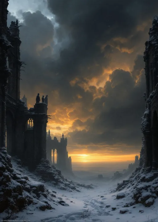 Prompt: The snow-powdered dark hall of a  dark, ruined castle with collapsed roof allowing heavy snowfall to pour inside. Arched  windows let in a cold, dim sunset light . Columns . Statues .  Mist. Snow blown by the wind.  Haunting, ethereal beauty . Night . Mysterious atmosphere.  The most striking element is the sky . Thick, billowing clouds stretch across the sky, heavy and textured with tones of grey, brown, and hints of blue. These clouds seem to part just enough to reveal a glowing band of soft, golden-yellow light near the horizon, suggesting either a sunrise or a sunset. This light gently spills across the landscape, casting a muted radiance that enhances the depth and mystery of the scene. The style of 19th-century realism.