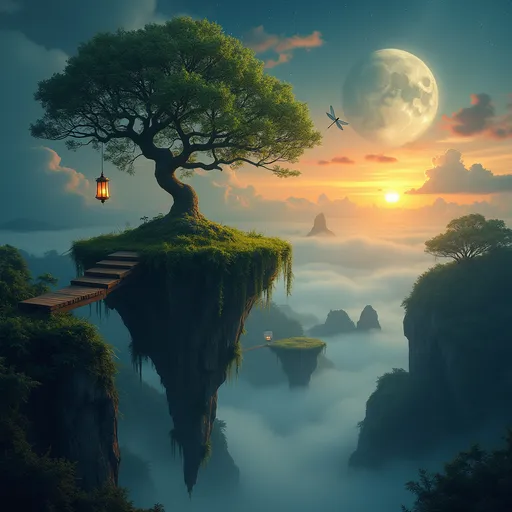 Prompt: floating islands covered by lush greenery and a tree growing on them connected by wooden bridges , a glowing lantern hanging from a vine  , a dragonfly , soft clouds and ethereal lighting with a peaceful , magical atmosphere , night sky with stars blending with the fiery sunset , mist , ethereal moon light