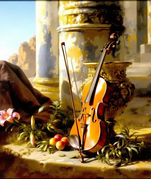 Prompt: A painting in the style of 19th-century realism. A violin and the bow leaning against a Greek weathered column. An ornate ancient urn.  A pink lily. Sunlight.