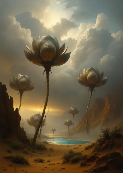 Prompt: Gigantic metal flowers enshrouded in mist and clouds growing up to the clouds sprouting from metal bulbs nestled on golden sand dunes .Sandy cliffs . Mist. A turquoise pond . The most striking element is the sky . Thick, billowing clouds stretch across the sky, heavy and textured with tones of grey, brown, and hints of blue. These clouds seem to part just enough to reveal a glowing band of soft, golden-yellow light near the horizon, suggesting either a sunrise or a sunset. This light gently spills across the landscape, casting a muted radiance that enhances the depth and mystery of the scene. The style of 19th-century realism.
