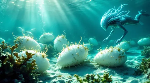 Prompt: White extraterrestrial cocoons covered in crustacean and algae resting on the floor of a shallow turquoise sea . A blue humanoid , aquatic extraterrestrial with tantacles instead of hair is diving toward the cocoons .Blue mist.  Sunrays.