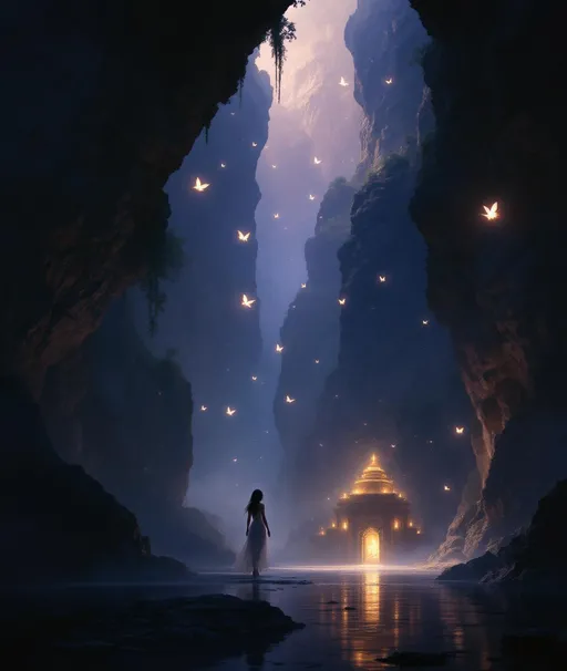 Prompt: A painting in the style of 19th-century realism. A dimly lit deep, misty chasm bathed in a moody bluish-purple light. Rock walls rise and fall dramatically on both sides filled with deep vertical crevices. Ethereal glowing luminescent butterflies gently float in the air adding a magical otherworldly atmosphere. An ancient temple carved in the stone walls of the chasm. The floor of the chasm is flooded with a misty water . Glowing fireflies floating above the water surface. A floating fairy with delicate wings.