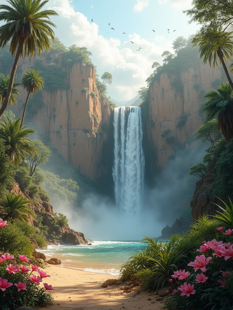 Prompt: Sandy cliffs and arid terrain . A tall waterfall with a double drop . Tropical shrubs , tropical flowers , pink lilies , tropical lush vegetation and palm trees . Birds soaring in the sky . Sunlight . Mist 