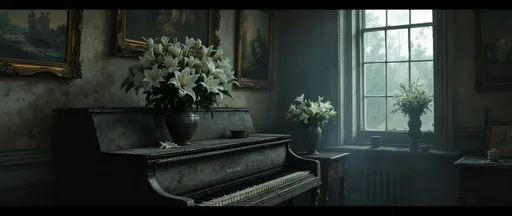 Prompt: A painting in the style of 19th-century realism. A dusty old piano with missing keys in a dusty, hazy, abandoned Victorian parlor. The walls have peeling paint, the furniture is aged and covered in dust. Faded, weathered paintings hang on the walls. On the top of the piano rests a vase filled with white lilies. The atmosphere is moody and melancholic. Vases with lavish bouquets of flowers. Very dim light filtering through a tall, dirty window.