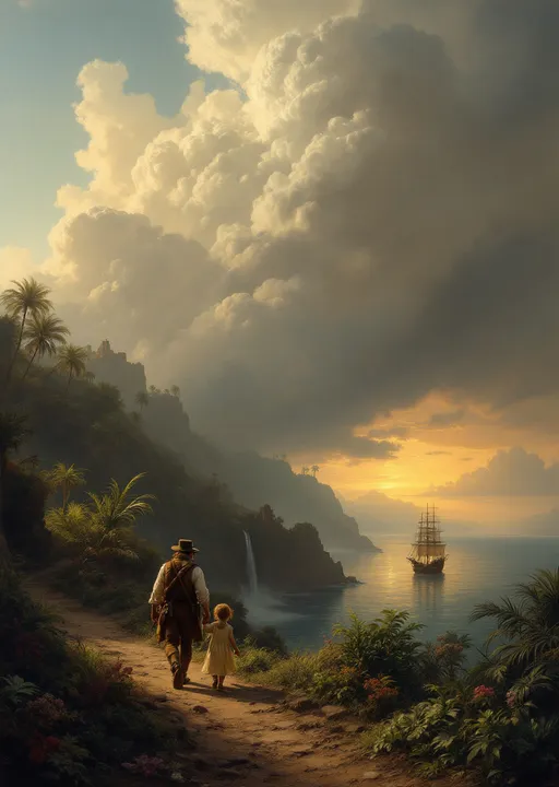 Prompt: A man dressed in a 19th-century explorer's outfit walking alongside a child on a narrow coastal path bordered by lush tropical plants, flowers and palms . In the distance a brig anchored in a rocky cove covered by lush tropical plants and palms. Mist. Waterfalls. Ruins . The most striking element is the sky . Thick, billowing clouds stretch across the sky, heavy and textured with tones of grey, brown, and hints of blue. These clouds seem to part just enough to reveal a glowing band of soft, golden-yellow light near the horizon, suggesting either a sunrise or a sunset. This light gently spills across the landscape, casting a muted radiance that enhances the depth and mystery of the scene. The style of 19th-century realism .