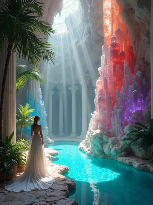 Prompt: The interior of a fantastic palace made entirely of gigantic quartz crystals in red, blue, orange an dpurple hues along with shimmering crystals of rubies , sapphires , amethysts and emeralds . White columns . Mist . Lush tropical plants and palms . In the right stands an Ice Queen wearing a long white gown with a flowing train with a high collar illuminated by sunlight filtering through the crystal walls casting prismatic light across the scene . A turquoise pool . Magical , ethereal atmosphere , high detail , majestic and surreal .