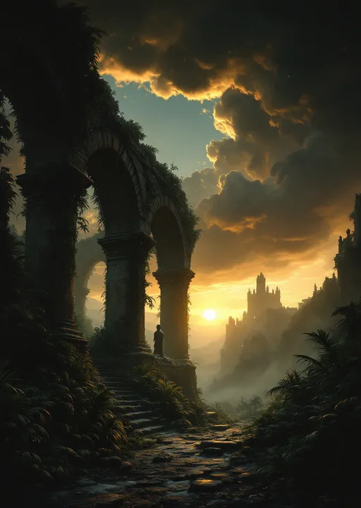 Prompt: The dark hall of a  dark, ruined castle overgrown with lush , tropical plants with collapsed roof allowing heavy snowfall to pour inside. Arched  windows let in a cold, dim sunset light . Columns . Statues .  Mist. Snow blown by the wind.  Haunting, ethereal beauty . Night . Mysterious atmosphere.  The most striking element is the sky . Thick, billowing clouds stretch across the sky, heavy and textured with tones of grey, brown, and hints of blue. These clouds seem to part just enough to reveal a glowing band of soft, golden-yellow light near the horizon, suggesting either a sunrise or a sunset. This light gently spills across the landscape, casting a muted radiance that enhances the depth and mystery of the scene. Mist. The style of 19th-century realism.