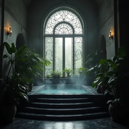 Prompt: Black marble steps descend toward a small , indoor rectangular bathing pool made of same black marble positioned in front of a grand arched Victorian window of frosted glass adorned with intricate wrought iron frames . The pool is surrounded by big pots and planters with lush tropical plants . Steam and mist rises from the hot water and plants . A faint , dim light filters through the ornate window in the dark room casting an enigmatic almost otherworldly atmosphere
