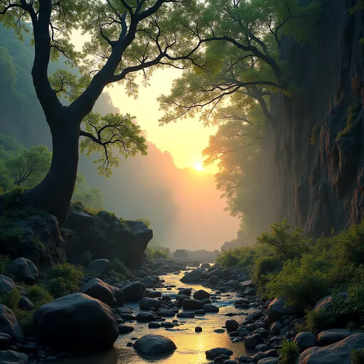 Prompt: Lush gnarled trees grown on a rocky landscape . Three big boulders on the left side . A fallen tree . A rocky wall on the right side . Tree stumps . A creek . Sunset . Mist