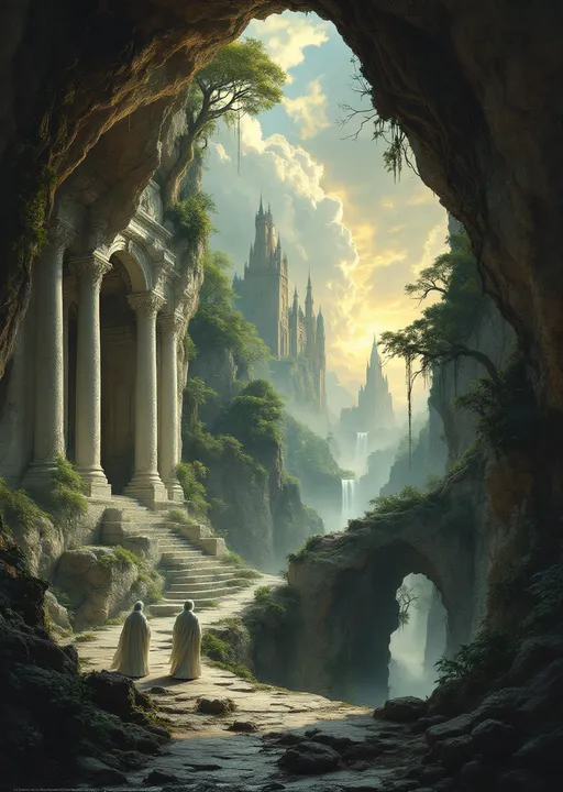 Prompt: The interior of a temple carved into a white stone huge cave with ornate columns and arches sculpted from the same white rock. White robed priests with white hair. The cave opens to a breathtaking view of rocky cliffs covered with an enchanted , mysterious, lush forest with gnarled, lush, magical trees with tangled web of roots emerging from the ground . In the distance a towering fairy tale style castle. Mist. Waterfalls. The most striking element is the sky . Thick, billowing clouds stretch across the sky, heavy and textured with tones of grey, brown, and hints of blue. These clouds seem to part just enough to reveal a glowing band of soft, golden-yellow light near the horizon, suggesting either a sunrise or a sunset. This light gently spills across the landscape, casting a muted radiance that enhances the depth and mystery of the scene. The style of 19th-century realism.