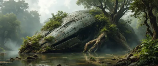 Prompt: A painting in the style of 19th-century realism.  A monolithic, derelict,  alien structure covered in intricate grooves and striations partially sunk in  a misty swamp in the middle of a lush jungle. Massive, gnarled, lush trees and tropical plants are growing on its hull