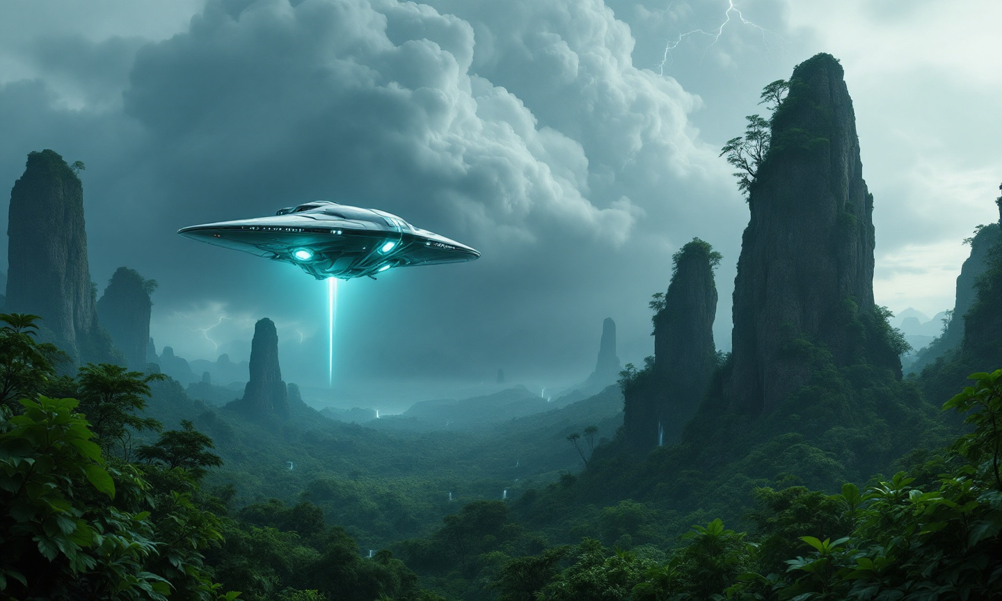 Prompt: In the distance a huge, sleek, futuristic spacecraft hovers low over a dense , verdant lush jungle its vertical engines glowing with teal-blue luminescence . The design of the ship is elegant with curved lines and glowing circuit-like details suggesting advanced alien technology. The craft emits a faint vertical beam of light from its engines indicating motion or hovering propulsion
Beneath the ship stretches a vast, untouched lush jungle teeming with dark green foliage that blasnkets the land in soft, undulating waves . Waterfalls. Rising dramatically from this sea of trees are several scattered towering , vertical rock formations . These natural pillars are covered with sparse vegetation and small trees clinging to their surfaces and tops giving the scene a mystical, otherworldy feel.
In the background the sky is ominously overcast with a thick, huge, swirling storm cloud above the horizon. In the eye of the storm a bolt of lightning splits the sky adding tension and energy to the composition . The lighting is moody and cinematic with a subtle glow illuminating the tops of the trees and the rock pillars contrasting with the storm clouds .
The overall atmosphere of the scene is one of awe and mystery as if the viewer is witnessing an alien world untouched by time .