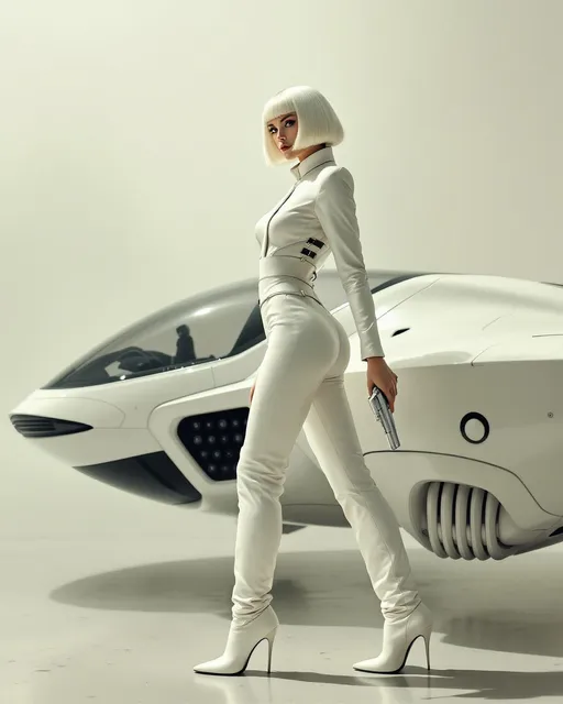 Prompt: A white-haired slender and tall woman with a sharp bob haircut wearing a retro sci-fi white suit, high white stiletto boots and a sleek waist bandolier. She stands in a dramatic pose with her legs apart her back facing the camera while turning her head over her shoulder to look directly at the viewer. In her raised right hand bent at the elbow she holds a retro-futuristic sci-fi laser pistol. Beside her stands a white sci-fi hover vehicle with smooth aerodynamic lines. Haze. White environment. A painting in the style of 19th-century realism. 