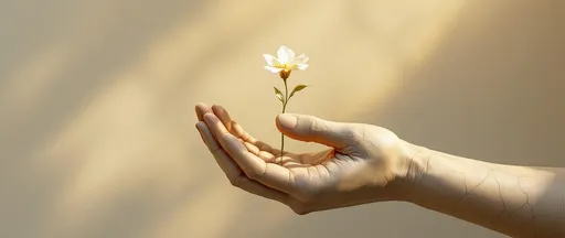 Prompt: A clay hand offering a delicate flower to another clay hand both sculpted with fine texture and cracks lit by sunlight, minimalist background, artistic and poetic atmosphere. A painting in the style of 19th-century realism.