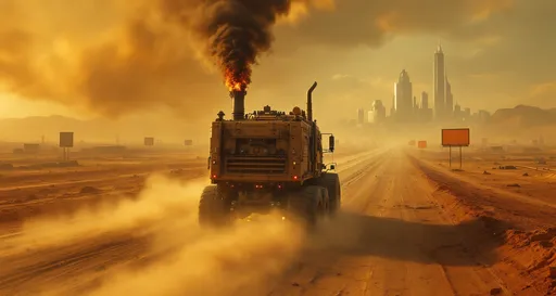 Prompt: An aerial view with the back of a gigantic , robust , post-apocalyptic truck made from spare parts , sand-colored, speeding down a dusty, cracked road . Flames and smoke burst from a vertical exhaust pipe. The landscape is an arid , dusty plain crossed by  exposed pipes. Wind sweeps sand across the road. The truck heads toward a distant towering post-apocalyptic city with shimmering lights. Large billboards line the roadside. The atmosphere is hazy and dusty . Night.