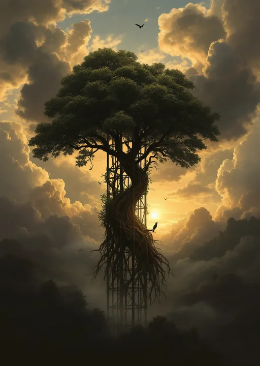 Prompt: A massive, gnarled and lush tree with an intricate web of roots growing in the center of a cubic steel lattice. Mist.  Vines and branches twisted around the steel bars. Lyre birds with long tails perched on the steel rods.  The most striking element is the sky . Thick, billowing clouds stretch across the sky, heavy and textured with tones of grey, brown, and hints of blue. These clouds seem to part just enough to reveal a glowing band of soft, golden-yellow light near the horizon, suggesting either a sunrise or a sunset. This light gently spills across the landscape, casting a muted radiance that enhances the depth and mystery of the scene. The style of 19th-century realism.