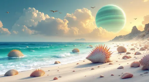 Prompt: An alien landscape with a few giant , spiked, colorful Murex seashells scattered and partially submerged in the vibrant turquoise sea . A few giant Murex seashells are scattered on the empty , vast white sand beach too. Mist. Sunlight filtering through crystal clear water , gentle waves creating a serene atmosphere ,warm golden hues, beach with white, soft sand and seashells , a few pterodactyls in the sky . Fluffy clouds.  A giant , ringed , green gaseous planet with satellites in the sky . 