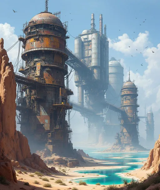 Prompt: Towering post-apocalyptic structures rise from the heart of the desert built from massive , rusted steel plates patched together , metal sheets , corroded pipes and repurposed industrial tanks . The buildings appear cobbled together from old ship hulls , factory parts and weather-beaten scrap forming an uneven skyline of oxidized domes , cylindrical silos , reinforced walkways and towering chimneys. The surfaces are covered in grime, scorch marks and peeling paint . The towering structures are interconnected by elevated metal bridges and catwalks suspended in the air like skeletal ribs . Dozens of thick, black cables snake between the structures, stretching across the sky like tangled webs. Sandy cliffs. Mist. A turquoise lake. Scattered bushes . Sunlight . Birds flying high. The hot desert sun casts sharp shadows highlighting the chaos and decay of this brutal , scavenged metropolis .
