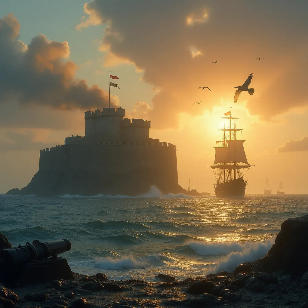 Prompt: A small fort stands on he sea with flags waving atop its walls . In front of it a 17th-century galleon fires a cannon with smoke billowing from the barrel . Sailboats drift on the water .Seagulls soar above the waves . The atmosphere is dramatic with a sense of historical naval conflict . Sunset . Mist 