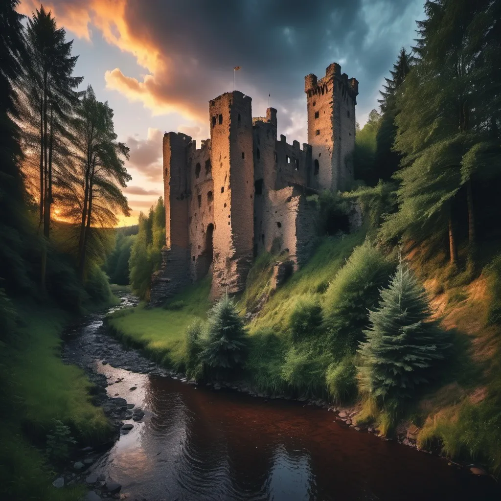 Prompt: an old ruined medieval castle with blackened walls on the edge of a ravine. Dense fir trees at the base of the ravine. A creek flows at the base of the ravine . Lit by sunset . Dramatic sky 