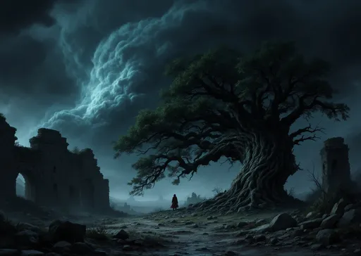 Prompt: A massive , old , lush , gnarled tree near the ruins of a fortification . Scattered rocks and debris. Giant , menacing , dark cloud looming omniously above the landscape , shadowy tendrils emerging from the cloud threatening to engulf the tree , dramatic lighting casting sinister shadows , cold and eerie ambiance . Tension filled scene . Mist . Overcast sky .