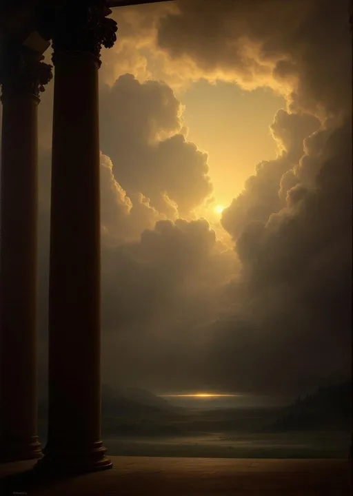 Prompt: A perspective from the interior of a palace with tall columns . Mist . The most striking element is the sky . Thick, billowing clouds stretch across the sky, heavy and textured with tones of grey, brown, and hints of blue. These clouds seem to part just enough to reveal a glowing band of soft, golden-yellow light near the horizon, suggesting either a sunrise or a sunset. This light gently spills across the landscape, casting a muted radiance that enhances the depth and mystery of the scene. The style of 19th-century realism.