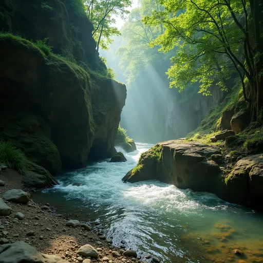 Prompt: A deep green mountain stream flowing   filling a deep cavity , a giant boulder, sandbank with rotting wood ,  willows , mist , sunlight