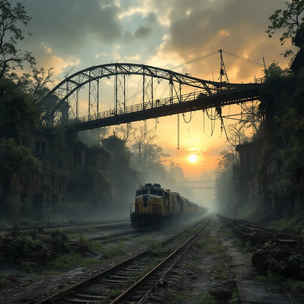 Prompt: A forgotten train depot overgrown with wild vegetation . Trees . A sky bridge . Rusted and damaged diesel locomotives with peeling paint stand motionless their metal shells corroded by time . Crumbling , abandoned towering buildings their windows shattered and walls with peeling plaster add the eerie atmosphere of decay and neglect . Mist . Sunset . 