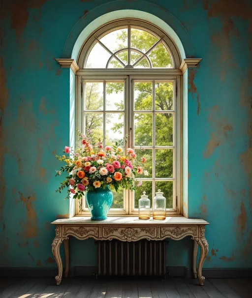 Prompt: A painting in the style of 19th-century realism. An arched window framed by aged, weathered turquoise-blue walls. The paint on the walls appears cracked and slightly peeling revealing patches of underlying layer of beige or grey giving the scene an antique and slightly melancholic atmosphere.
The window itself has a classical design with a semicircular arch at the top  and multiple glass panes separated by white, slightly worn wooden muntins. Through the glass lush trees are visible. In the front of the window stands a narrow ornate wooden table with elegant curved legs and carved floral details along its edge. The wood of the table is faded and distressed harmonizing with the room's vintage charm.
On the table sits a large vivid turquoise vase filled with a lavish bouquet of flowers creating an intricate silhouette against the light. Next to the vase are two transparent glass jars of different sizes one slightly taller than the other both reflecting the sunlight coming through the window. Sunlight streams through the window . The overall scene feels serene, nostalgic and painterly with a warm , poetic interplay between decay and beauty. 