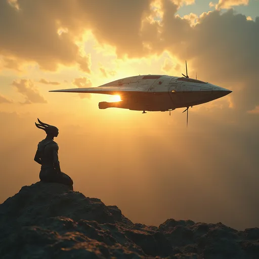 Prompt: an warrior alien being on a rock looking at a flying alien organic small ship  with an engine that leaves condensation trails , dramatic clouds , mist , lit by golden sunset