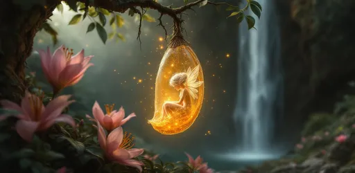 Prompt: A painting in the style of 19th-century realism. A tiny fairy with delicate, translucent wings and white hairs curled up with her head bowed floating inside a viscous, amber-colored substance. She is enclosed within a glowing, translucent, butterfly cocoon suspended from a small tree branch. The surrounding environment is shrouded in darkness with only a soft orange backlight illuminating the cocoon's interior and the floating particles suspended in the air. Around the cocoon grow several large pink lily blossoms their long filaments releasing shimmering magical dust. In the background a small waterfall appears softly blurred. Dense mist. Ethereal scene, shallow depth of field.