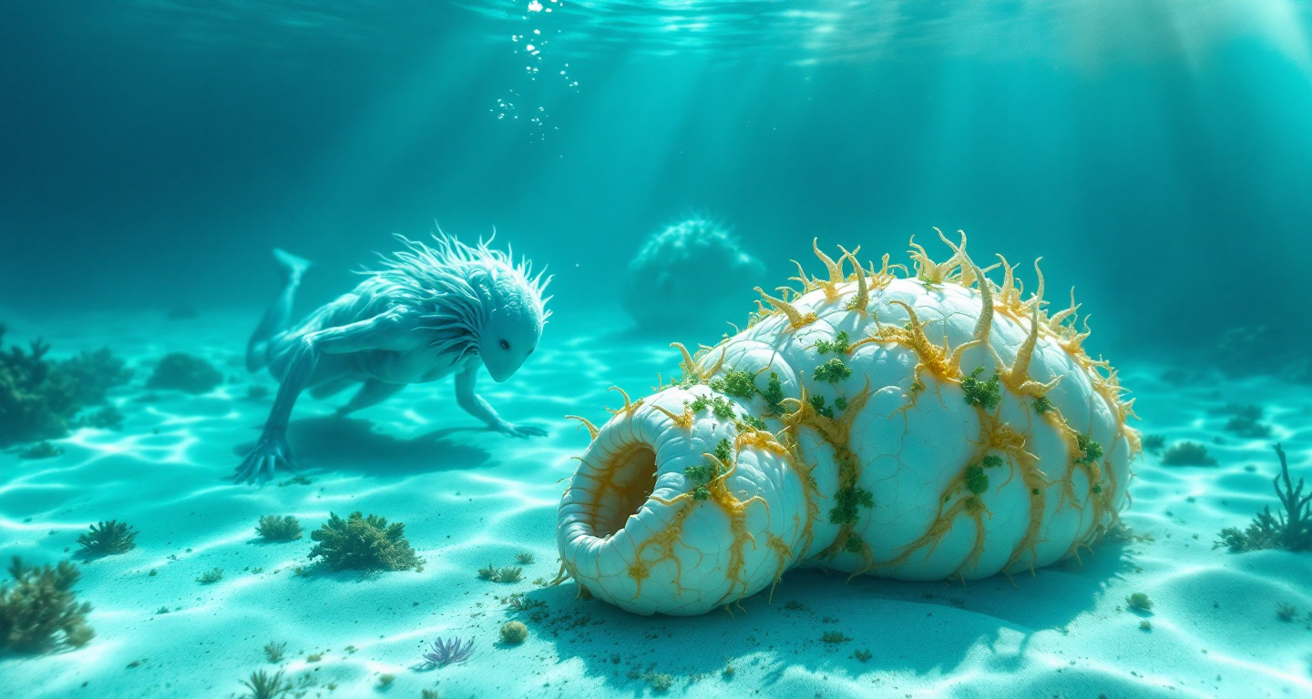 Prompt: White extraterrestrial cocoons covered in crustacean and algae resting on the floor of a shallow turquoise sea . A blue humanoid , aquatic extraterrestrial with tantacles instead of hair is diving toward the cocoons .Blue mist.  Sunrays.