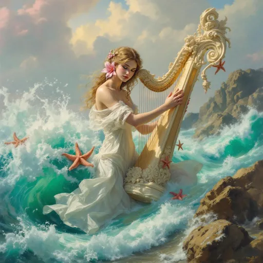 Prompt: A painting in the style of 19th-century realism. A young woman dressed in flowing white veils with a pink lily in her hair stands surrounded by foaming turquoise ocean waves. Mist. The woman has an elegant hairstyle. She is playing a richly ornate harp sculpted in ivory with elegant swirling motifs and cherub heads its organic structure detailed and intricate. Sunlight. Rocks. Starfish are attached to the harp clinging to its surface. Pink, fluffy clouds. Sunlight. The scene feels ethereal and oceanic with dynamic water movement and a dreamy, mythological atmosphere. 