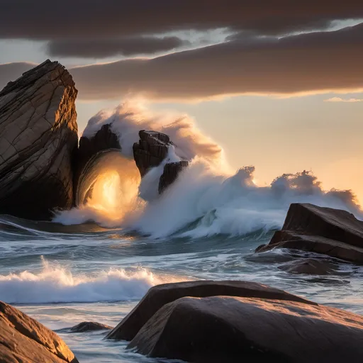 Prompt: a wave breaking against a rock and a separate high rock lit by sunset