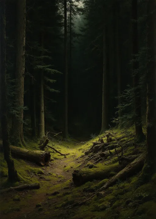 Prompt: A dense, coniferous forest in the style of 19th-century realism , likely in a northern or mountainous region, given the types of trees and moss-covered ground. The forest is dominated by tall pine and spruce trees, their trunks rising vertically and closely spaced, creating a sense of enclosure and depth. The canopy overhead is thick, allowing only a limited amount of light to filter through, casting the forest floor in dim, dappled shadows.

The ground is uneven and covered in a thick layer of moss, fallen branches, and decaying logs, giving the scene a sense of ancient, untouched wilderness. The rich green hues of the moss contrast with the earthy browns of the soil and tree trunks. Some tree trunks are broken or fallen, adding to the wild, naturalistic atmosphere of the forest.

In the background, the forest becomes darker and more mysterious, with shadows deepening as the trees recede into the distance. This creates a tunnel-like effect, drawing the viewer’s eye deeper into the scene. There is a small clearing where a faint patch of light illuminates the mossy ground, hinting at an opening or a path further in.

The overall mood of the painting is tranquil yet slightly eerie, evoking the quiet solitude of an undisturbed forest. The artist has paid great attention to detail, especially in the textures of the bark, moss, and fallen wood, making the scene feel vividly lifelike.

