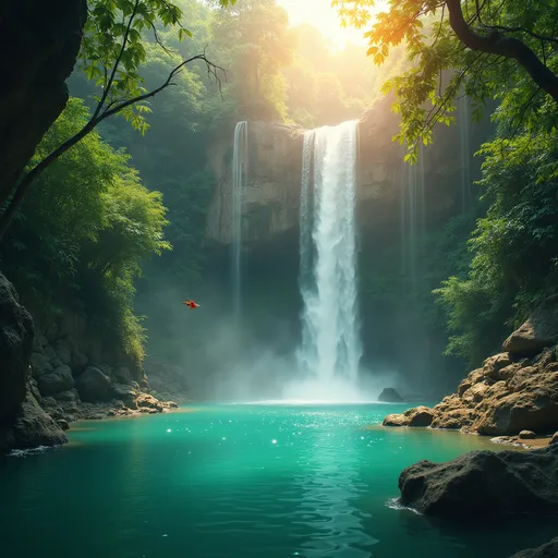 Prompt: A turquoise pool surrounded by jungle , a  brightly colored bird on a branch , mist , a waterfall falling from jagged rocks , rocks , lit by golden sun