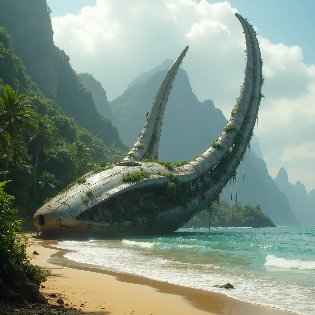 Prompt: A colossal , asymmetrical wishbone-shaped derelict alien spacecraft with a thickened central section set between two prong-like structures lies wrecked in the shallow water of a remote tropical beach partially overtaken by nature . The spacecraft has an intricate biomechanical design resembling a fusion of metal and organic forms with smooth , curved surfaces , Its hull is corroded and fractured revealing dark inner chambers and exposed alien machinery . Vines and overgrown lush tropical vegetation cover its surface while long , metallic tendrils hang from its underbelly  like remnants of a once-functional support structure . The ship's arching frame suggests an advanced , otherworldy origin with faint glowing energy traces still pulsing along its cracks .The scene is framed by towering mountains covered in mist and lush tropical vegetation in the distance , their jagged peaks shrouded in heavy clouds . The beach is a mix of golden sand and scattered debris from the crash while gentle turquoise waves lap at the wreckage . Dense jungle and lush tropical vegetation including palm trees and thick undergrowth encroaches from the left adding to the sense that the spaceship has been abandoned for centuries . Sunlight cast an ethereal glow over the entire landscape enhancing the mystery and grandeur of the lost spacecraft. Mist .Sunlight